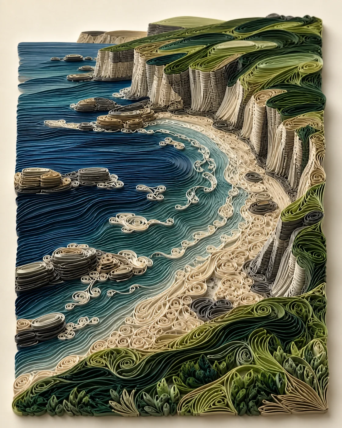 海崖潮湾：群青衍纸浮雕 / Sea Cliffs and Tidal Cove Quilling Relief