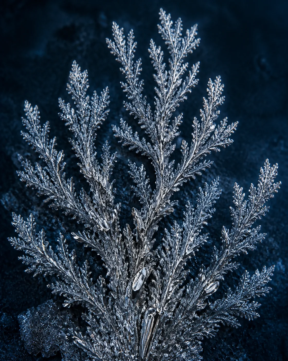 银枝夜蓝：金属枝晶艺术微距 / Silver Branches on Midnight Blue: Dendrite Macro Art