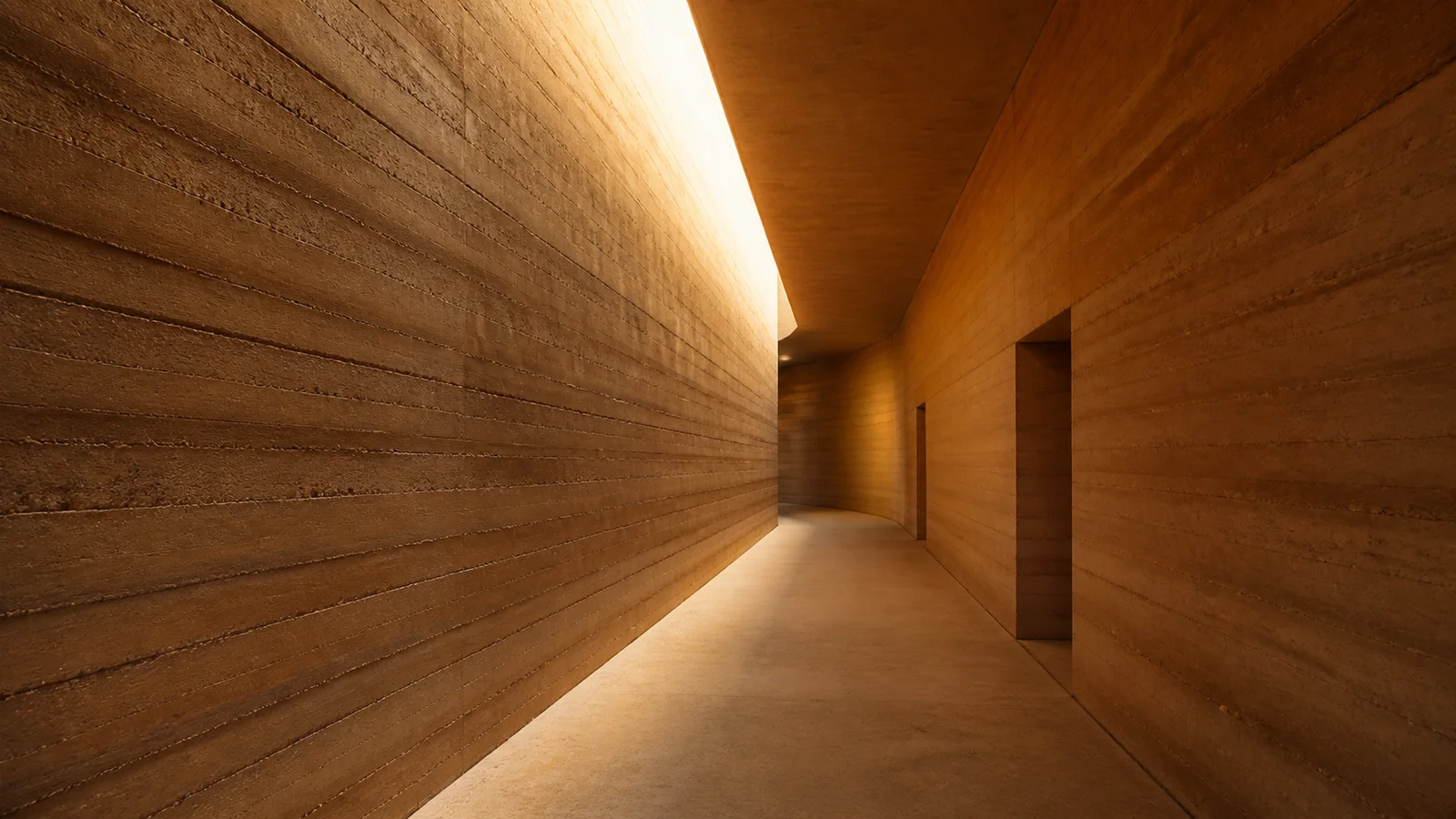 天窗暖光极简夯土长廊 / Warm Skylit Minimal Rammed-Earth Corridor