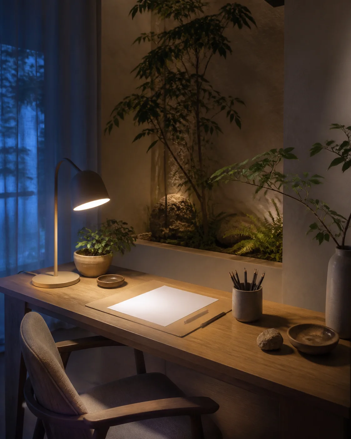 蓝调时刻生物亲和创作桌 / Blue-Hour Biophilic Creative Desk