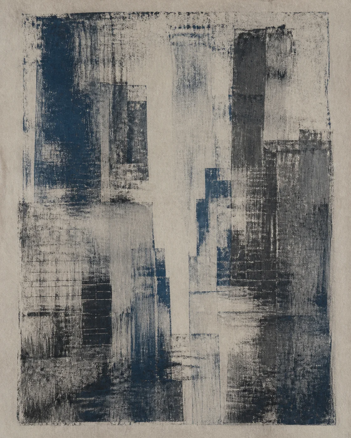 城市擦痕：钴蓝炭灰单版幽灵印 / Wiped City Geometry: Cobalt-Charcoal Ghost Print