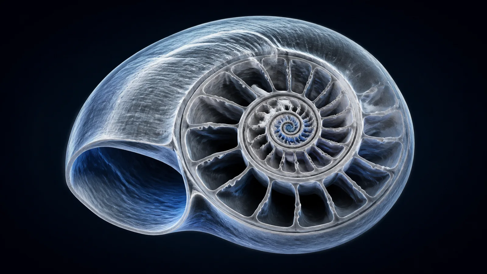 冷蓝螺壳：层室体积切片 / Cool-Blue Spiral Shell: Chambered Volume Cutaway