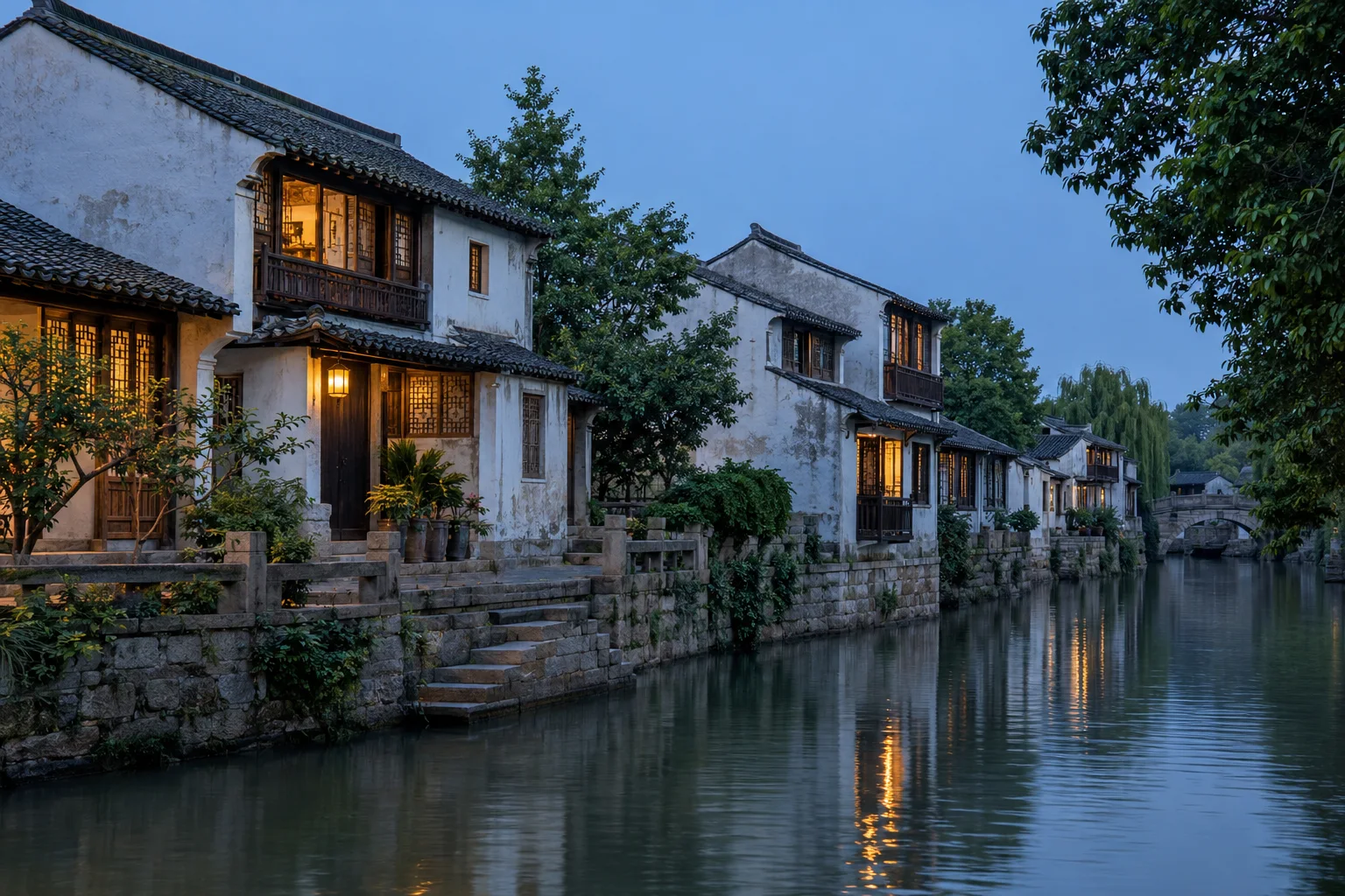 中式传统建筑｜水乡临河夜色