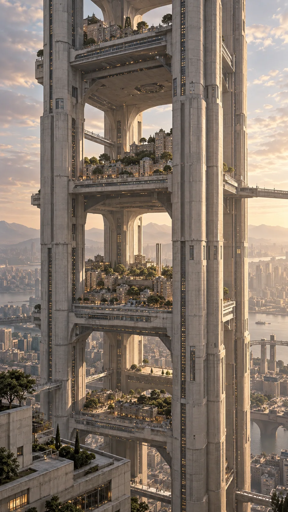 高耸建筑内部的多层空中街区交错叠合，桥廊、住宅和绿植嵌入巨型框架，斜阳照亮层层退台。