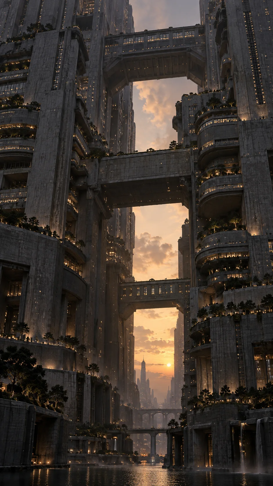 两座高耸建筑之间形成狭长裂隙，多层空中连桥跨越其间，夕阳从远处开口透入，暗色立面点缀暖光。