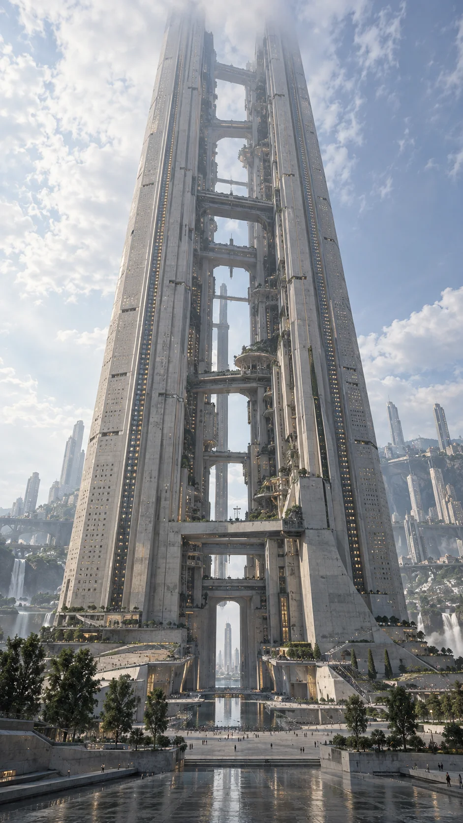 仰视直入云端的巨型城市中轴塔，层叠框架与连接桥将建筑贯穿，前景广场和远处楼群提供尺度参照。