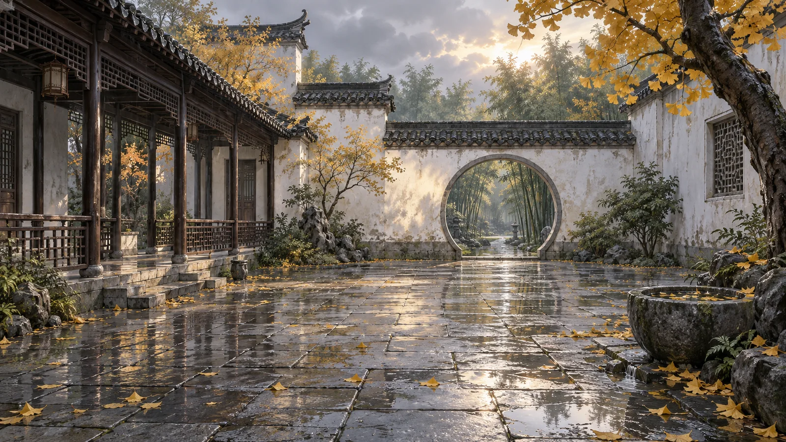 秋雨庭院｜月洞门与银杏落叶