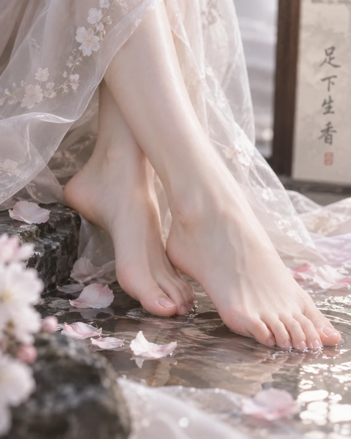 足下生香｜花瓣浅水与纱裙足部特写