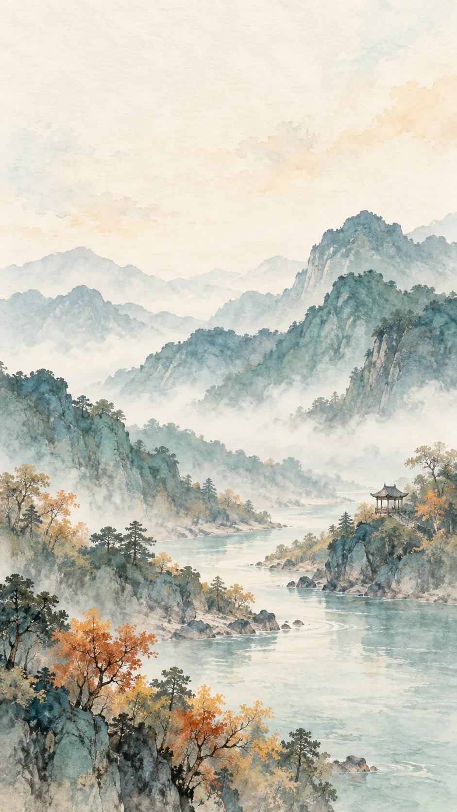 青岚水彩｜云山溪流与远亭